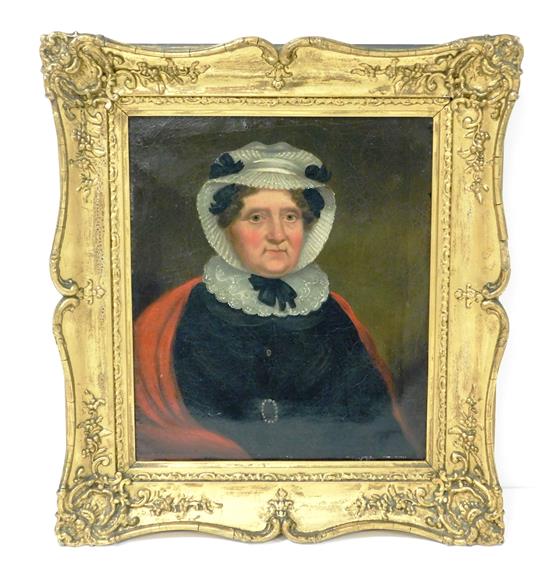 Appraisal: th C portrait of lady in white lace bonnet ornate