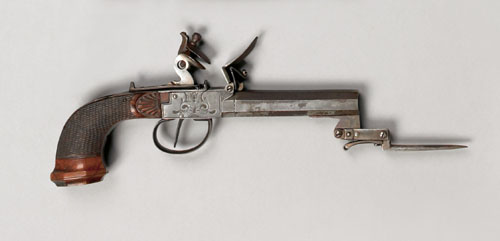 Appraisal: Belgian flintlock pistol with carved and inlaid grip approx caliber