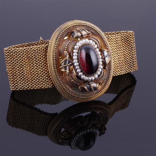 Appraisal: Antique Victorian K gold garnet cabochon and seed pearl filigree