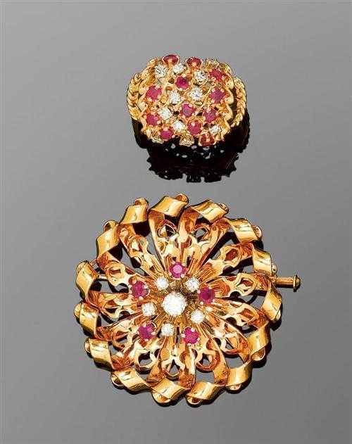 Appraisal: GOLD RUBY AND DIAMOND BROOCH AND RING ca Yellow gold