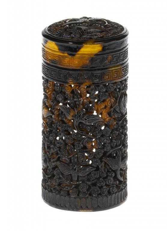 Appraisal: A CHINESE TORTOISESHELL CARVED AND PIERCED CYLINDRICAL BOX OR CRICKET