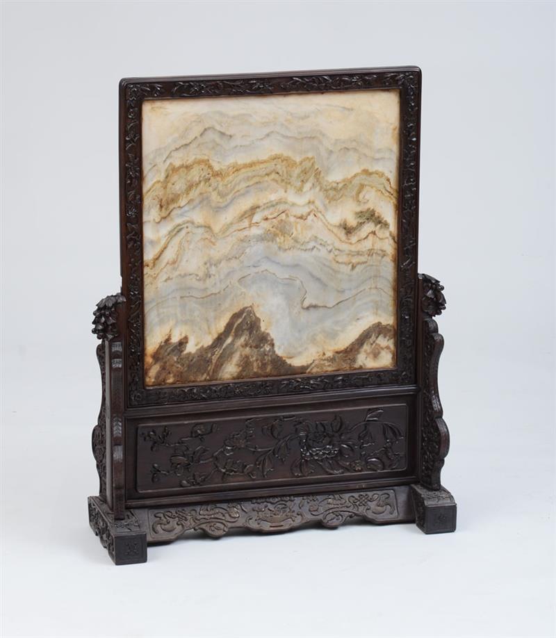 Appraisal: CHINESE CARVED HARDWOOD AND DREAMSTONE TABLE SCREEN With a carved