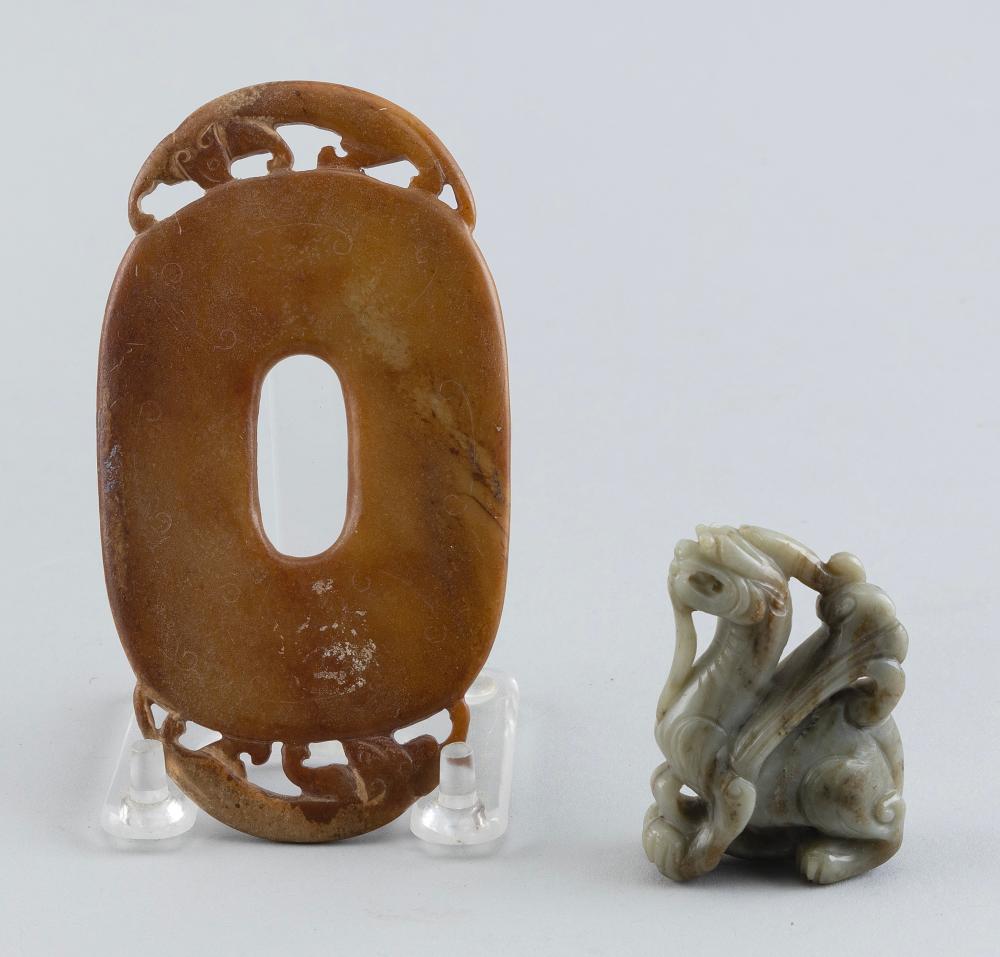 Appraisal: TWO CHINESE ARCHAIC JADESTWO CHINESE ARCHAIC JADES Bi with animalistic