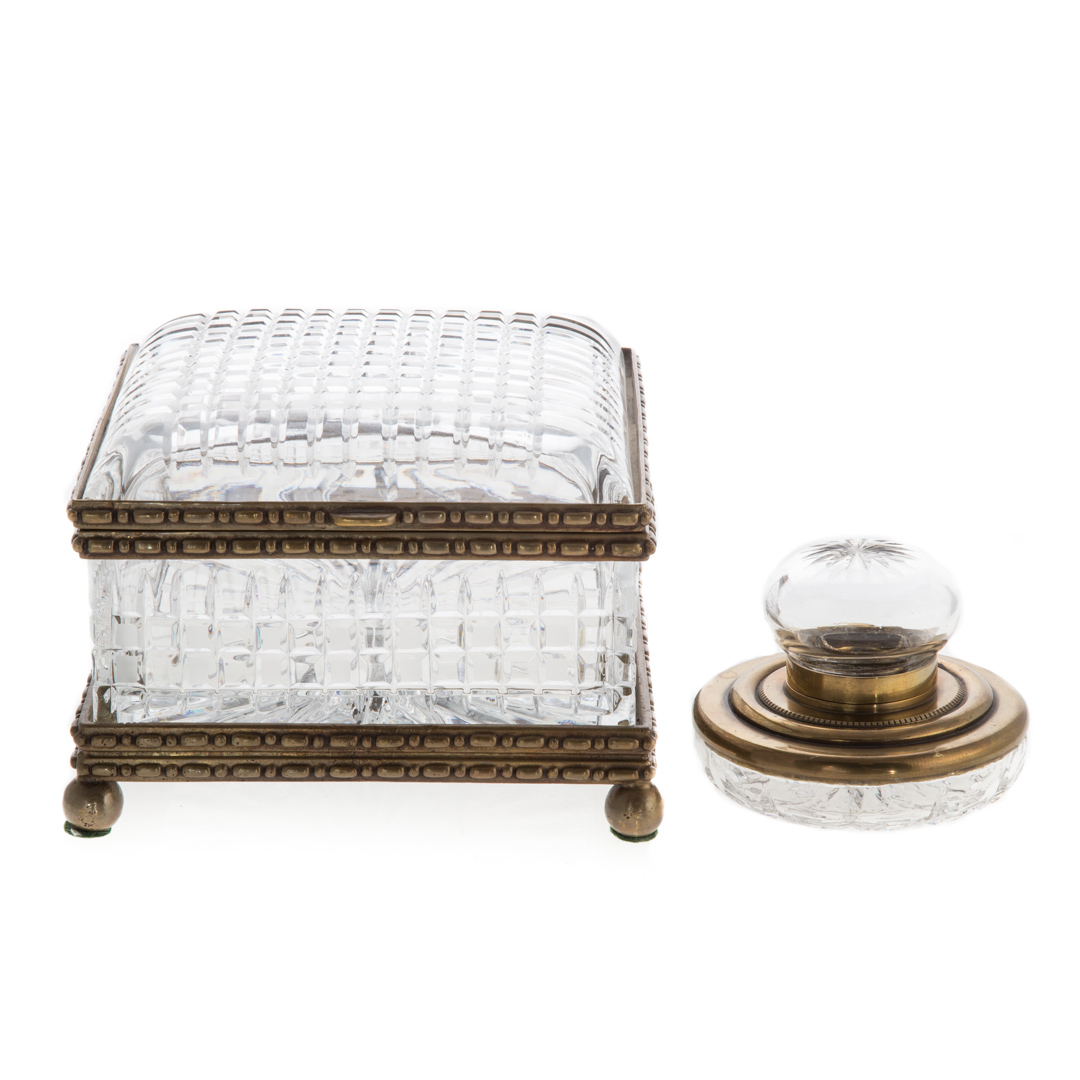 Appraisal: Continental metal-mounted crystal box inkwell pressed cut crystal box set