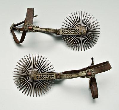 Appraisal: Fine pair silver inlaid gaucho spurs openwork and silver inlaid