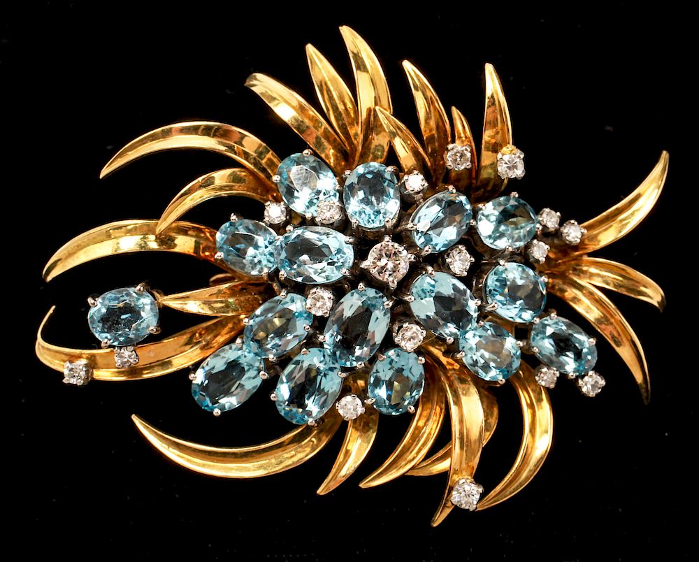 Appraisal: K Gold Diamonds Aquamarines Brooch K yellow gold with diamonds