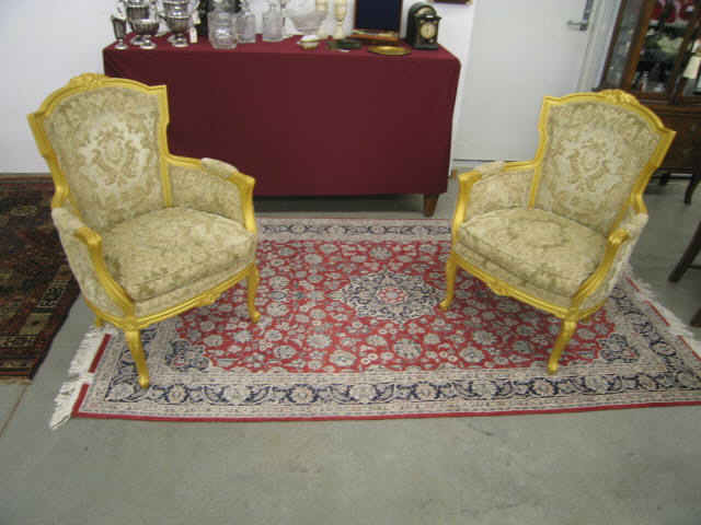 Appraisal: Pair of French Style Arm Chairs carved gold trim