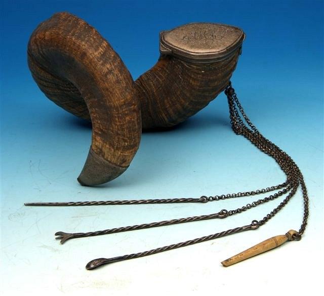 Appraisal: A th Century Scottish single rams horn snuff mull with