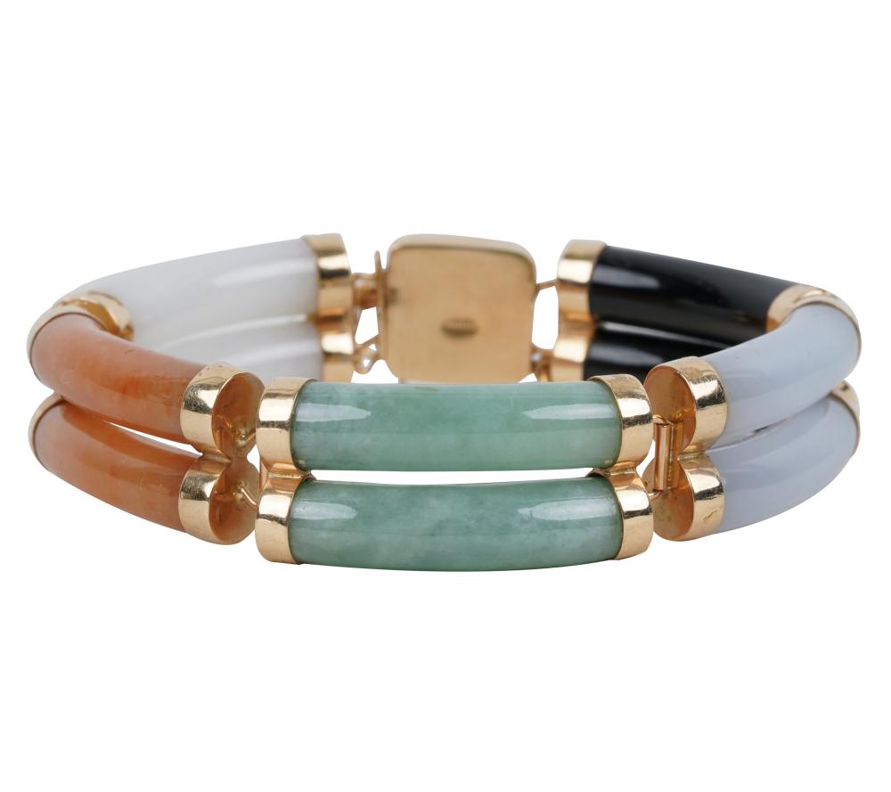 Appraisal: KARAT YELLOW GOLD MUTLI-COLOR JADE BRACELETcontaining cylindrical shape multi-color jades