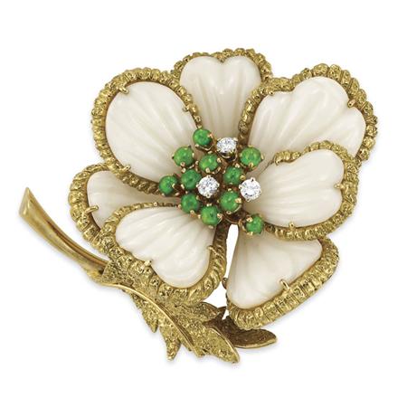 Appraisal: Gold Carved White Coral Emerald and Diamond Flower Clip-Brooch Van