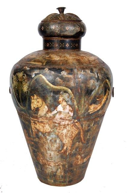 Appraisal: A large metal lidded jar of inverted baluster form decorated