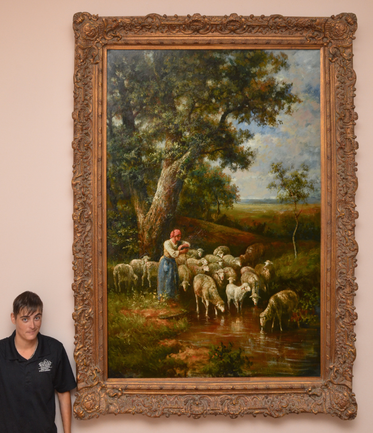 Appraisal: CONTEMPORARY PAINTING OF SHEPHERDESS AND FLOCK Shepherdess watering her flock