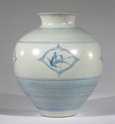 Appraisal: A stoneware vase by Malcolm Pepper shouldered form painted with