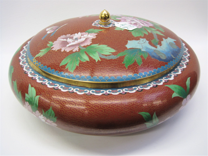 Appraisal: CHINESE CLOISONNE COVERED BOWL with floral and butterfly decoration turquoise