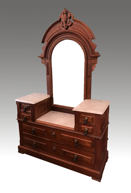 Appraisal: VICTORIAN MARBLE TOP STEP DOWN VANITY High Victorian arched crest