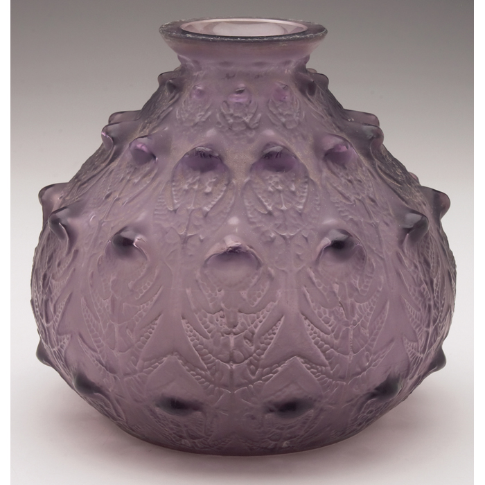 Appraisal: R Lalique vase bulbous shape inamethyst glass with overlapping leaves