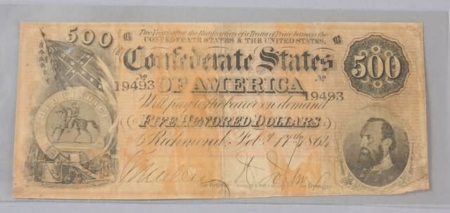 Appraisal: Five hundred dollar Confederate note February issue Friedberg CS- Good