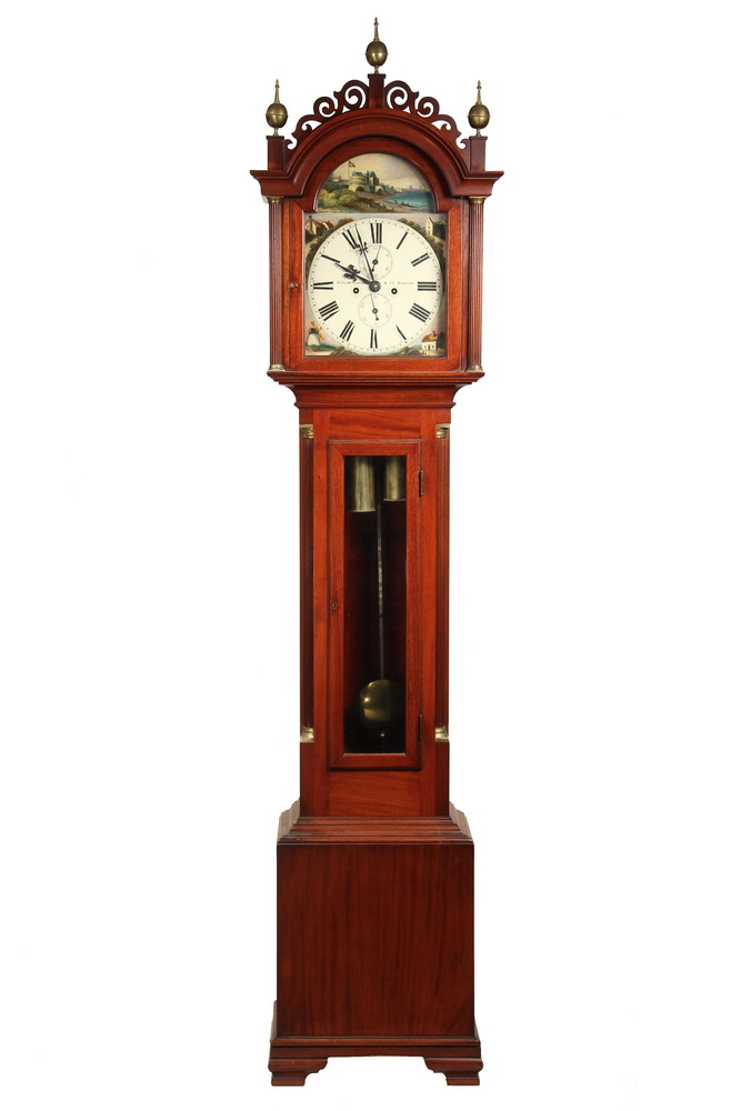 Appraisal: MAHOGANY TALL CLOCK - th c replica hving fretwork top