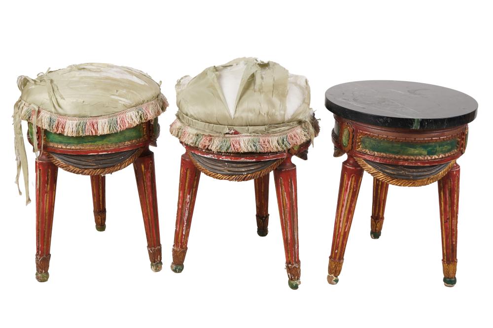 Appraisal: THREE ITALIAN PAINTED STOOL FRAMESone converted to a side with