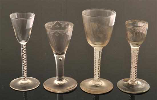 Appraisal: A COLLECTION OF FOUR ENGLISH CORDIAL GLASSES TH CENTURY Three