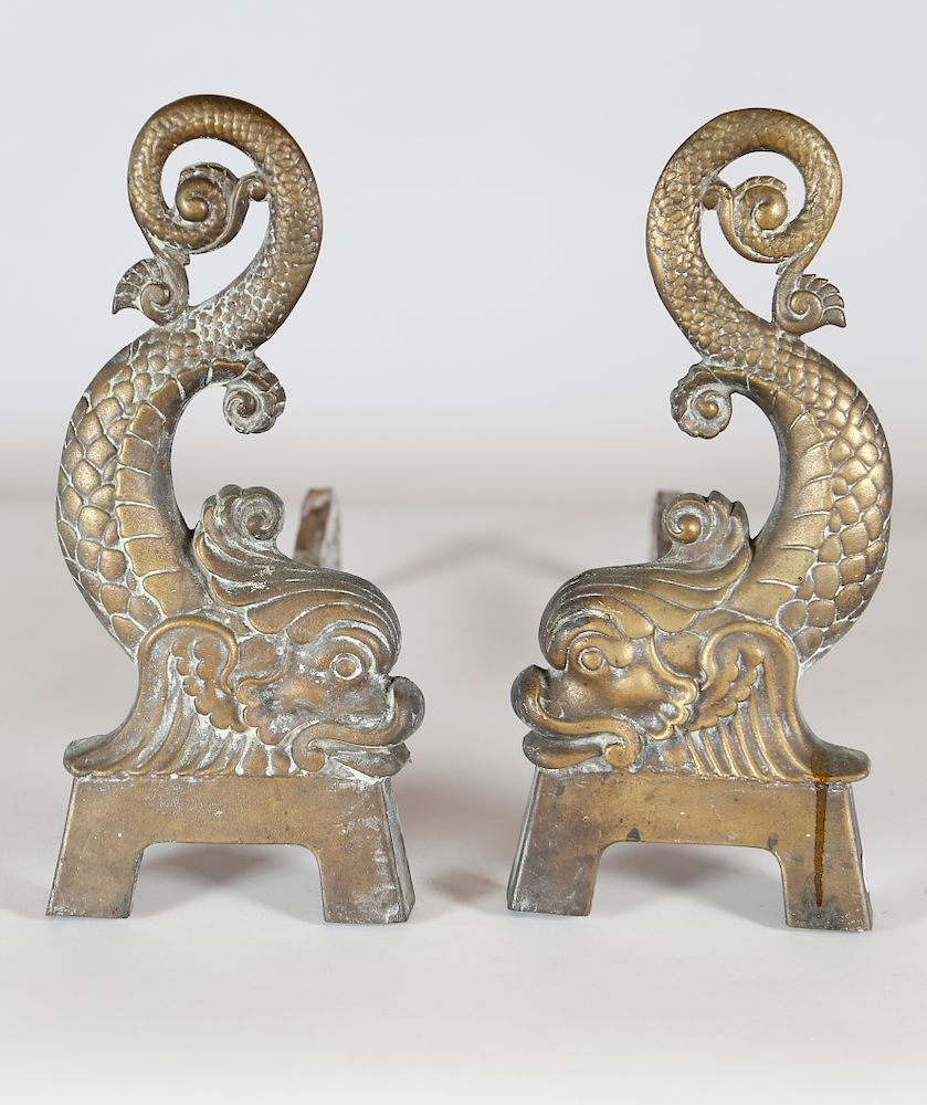 Appraisal: Pair of Bradley Hubbard Brass Dolphin Andirons Exclusive on Bidsquare