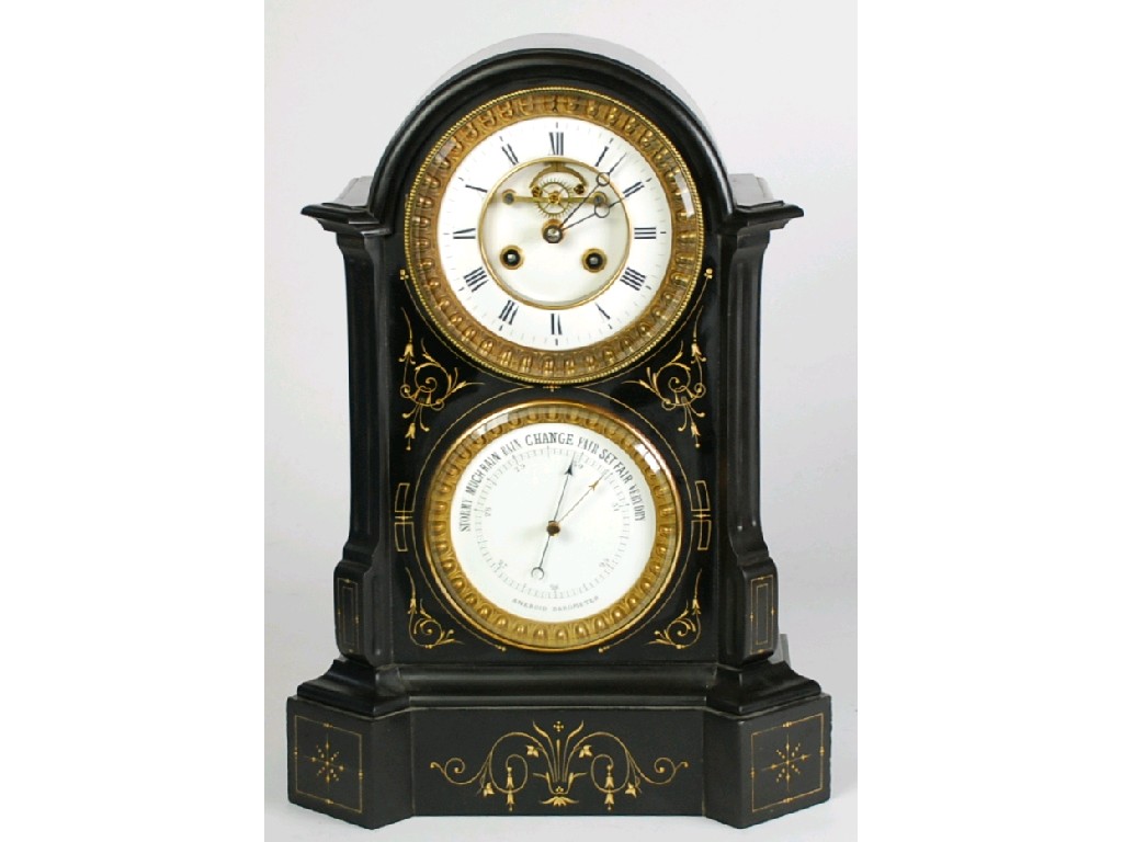 Appraisal: TH CENTURY FRENCH BLACK MARBLE COMBINATION MANTEL CLOCK AND ANEROID