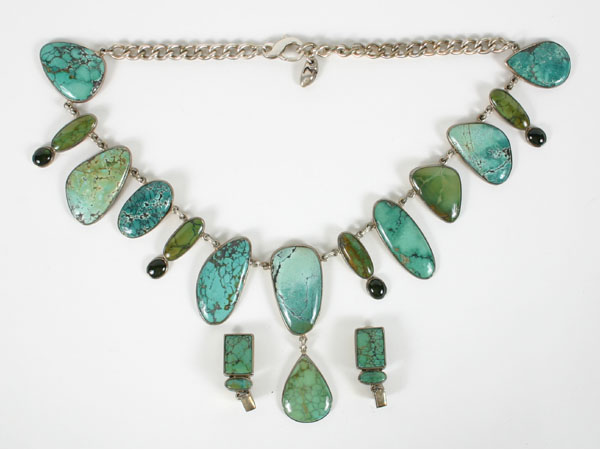 Appraisal: Artisan sterling and turquoise necklace and earrings the necklace with