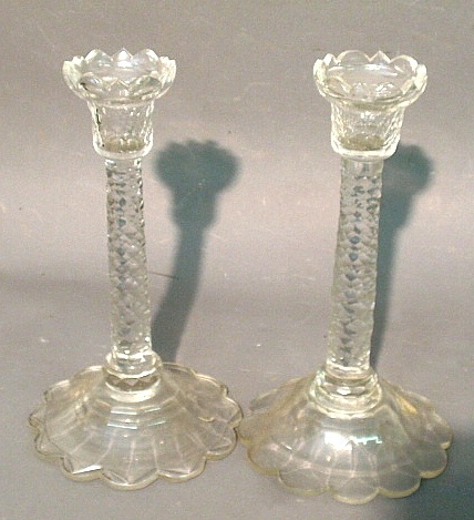 Appraisal: - Pair of cut crystal petal base candlesticks probably th