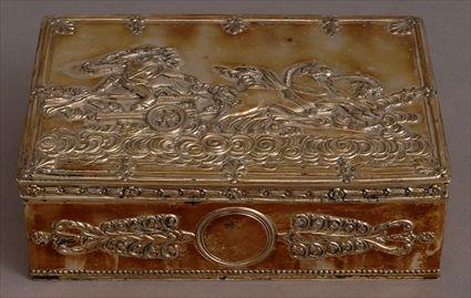 Appraisal: CONTINENTAL REPOUSS SILVER BOX The hinged lid with a scene