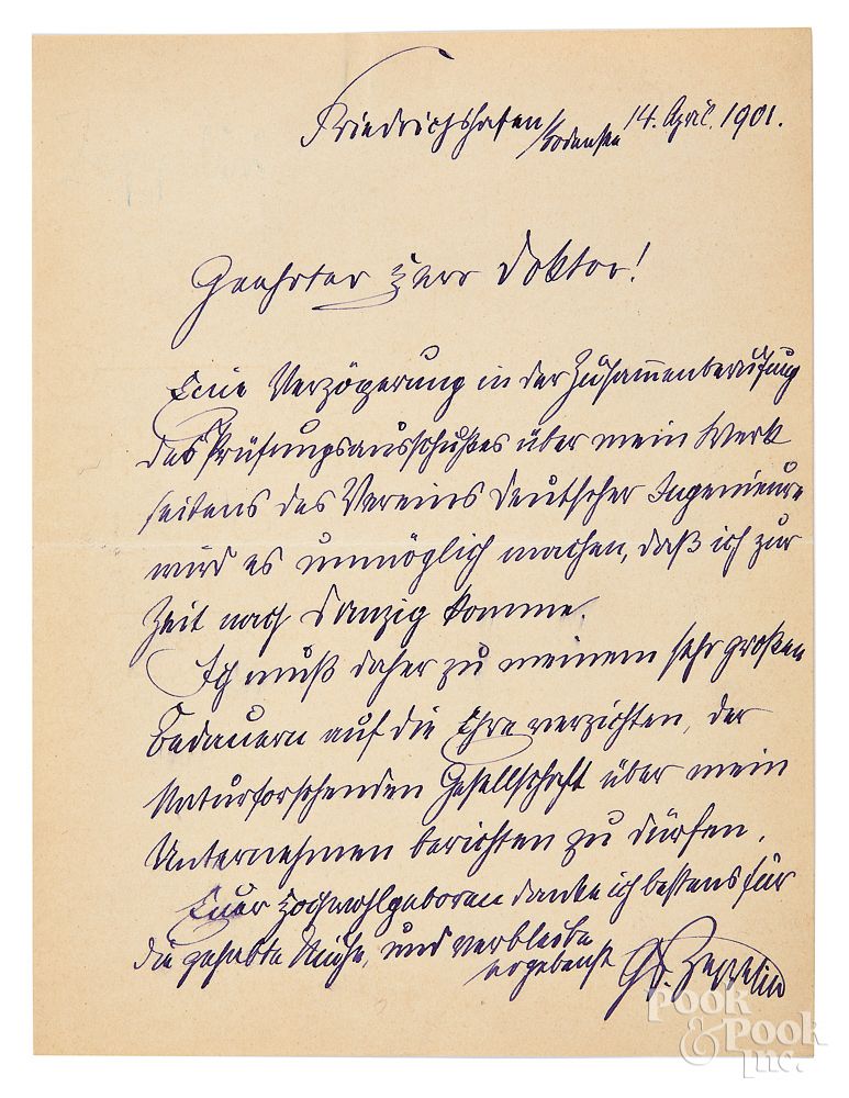 Appraisal: Count Ferdinand Graf von Zeppelin signed letter Count Ferdinand Graf