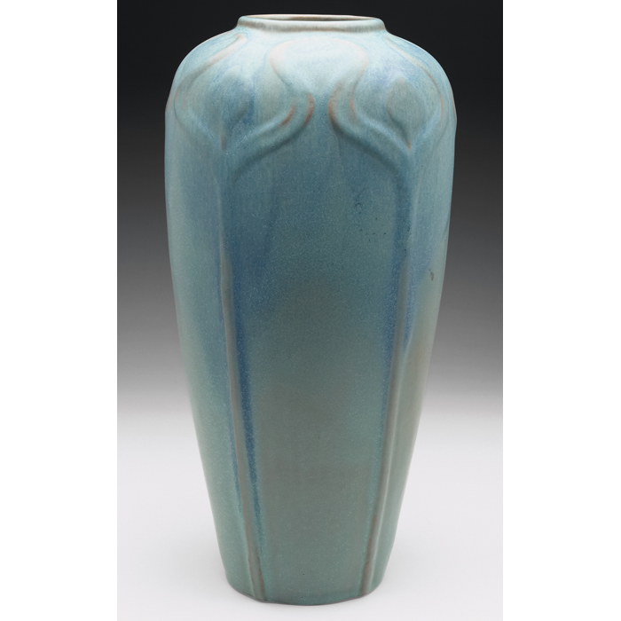 Appraisal: Van Briggle vase c post largetapered shape with stylized floraldesigns