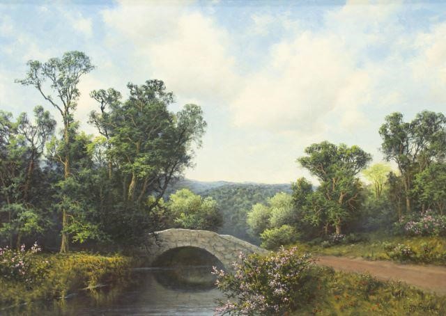 Appraisal: Framed oil on canvas painting River Landscape with Stone Bridge