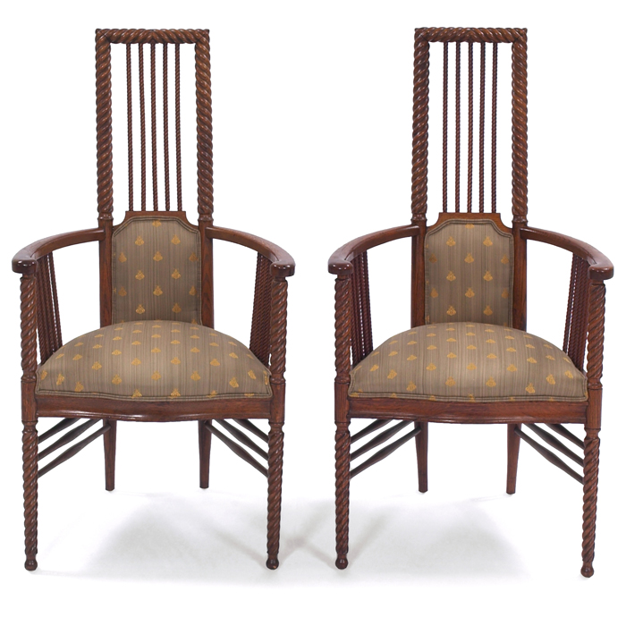 Appraisal: Arts and Crafts period hall chairs pair spindle form with