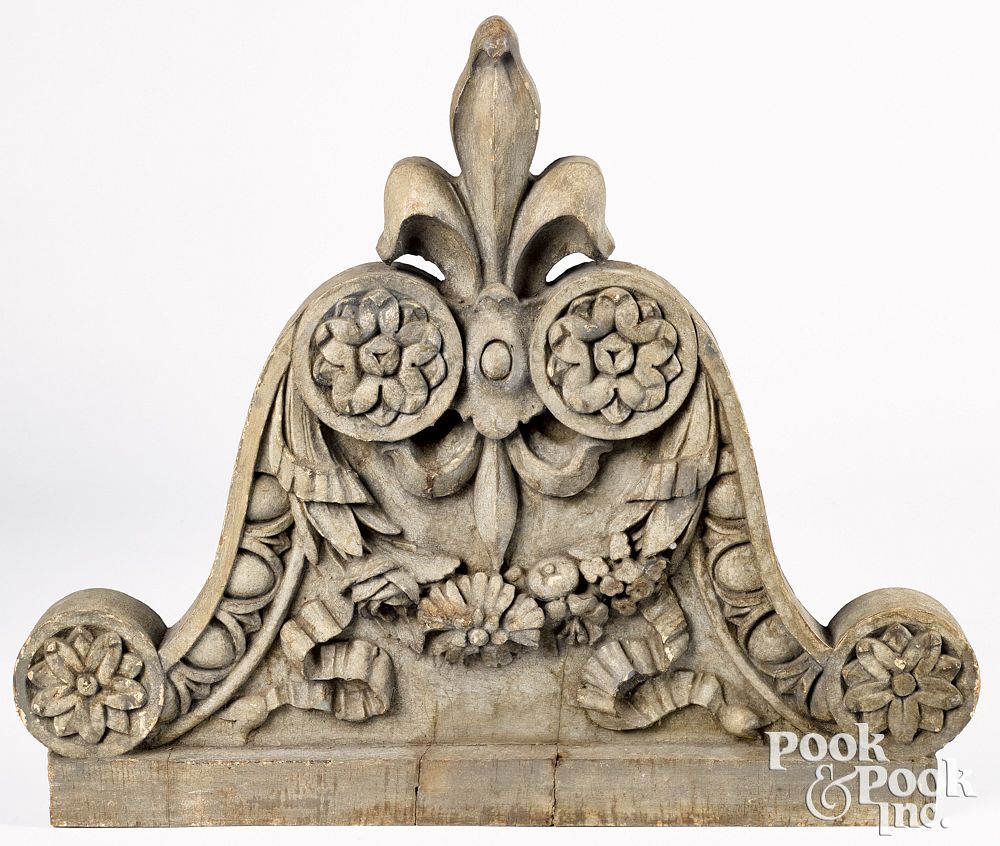 Appraisal: Fleur-de-lis and swag architectural element Carved and painted fleur-de-lis and