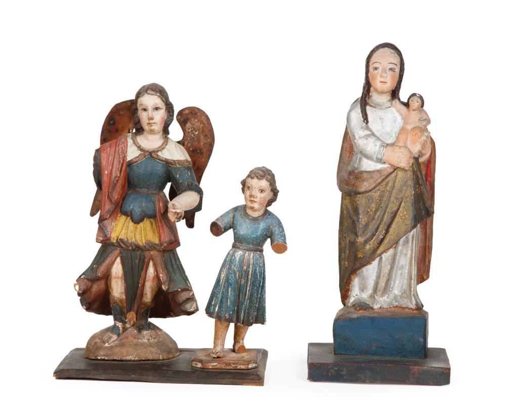 Appraisal: Three Antique Polychromed Santos th c Guatemala incl Madonna with