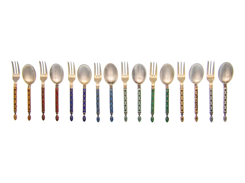 Appraisal: A Norwegian Enameled Silver Flatware Service A Norwegian Enameled Silver