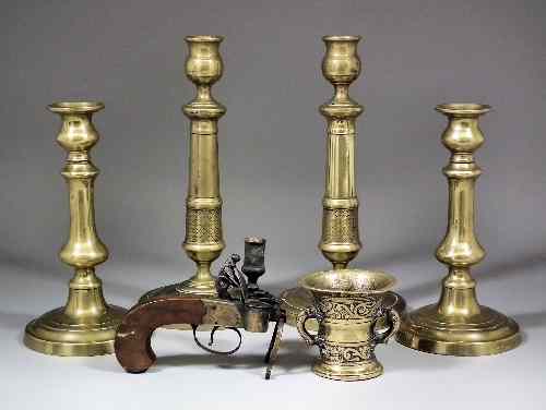 Appraisal: A th Century reproduction English brass tinder pistol with candle