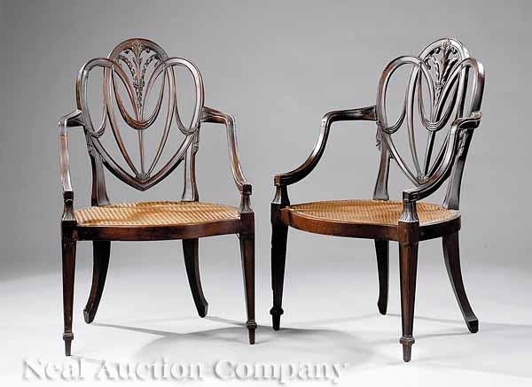 Appraisal: A Pair of Antique Sheraton-Style Carved Mahogany Armchairs th c