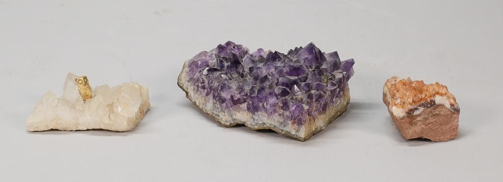 Appraisal: mineral clusters Amethyst L orange quartz L quartz with bronze