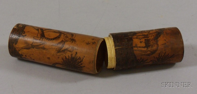 Appraisal: Cylindrical Turned Wood and Ivory Sewing Case with Figural Landscape