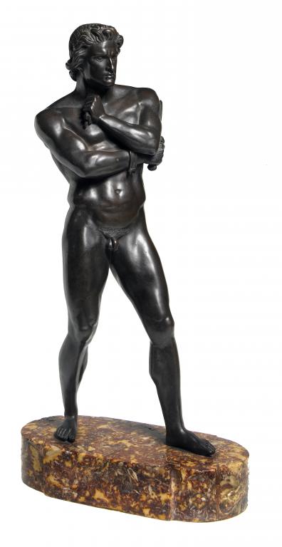 Appraisal: A GERMAN BRONZE STATUETTE OF A GLADIATOR on marble bow-ended