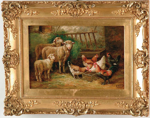 Appraisal: AUGUSTE LAUX American - BARNYARD SCENE WITH SHEEP AND CHICKENS