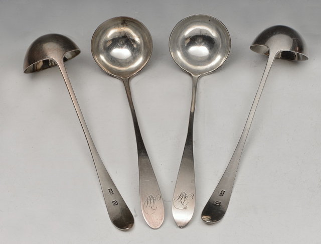 Appraisal: FOUR SCOTTISH PROVINCIAL SILVER TODDY LADLES pointed Old English pattern