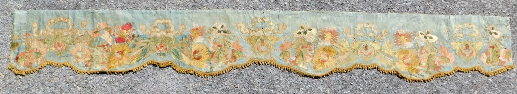 Appraisal: C BOTANICAL EMBROIDERED BANNER TEXTILE Europe th CenturyDepicts hand embroidered