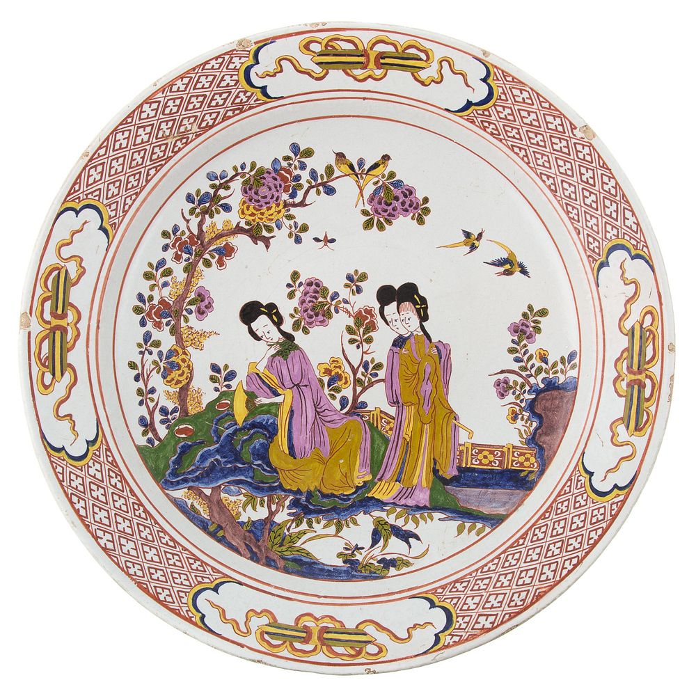 Appraisal: Liverpool Delftware Polychrome Charger Circa decorated with three maidens in