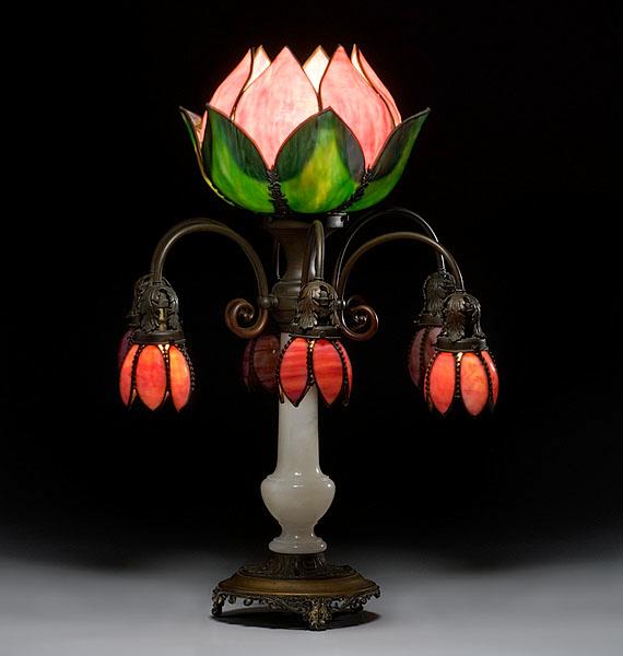 Appraisal: ART GLASS AND ONYX TABLE LAMP American early th century