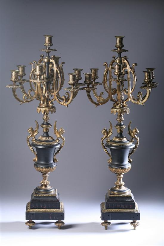 Appraisal: PAIR LOUIS XV-STYLE BRONZE-DOR AND BLACK MARBLE SEVEN-LIGHT CANDELABRA th