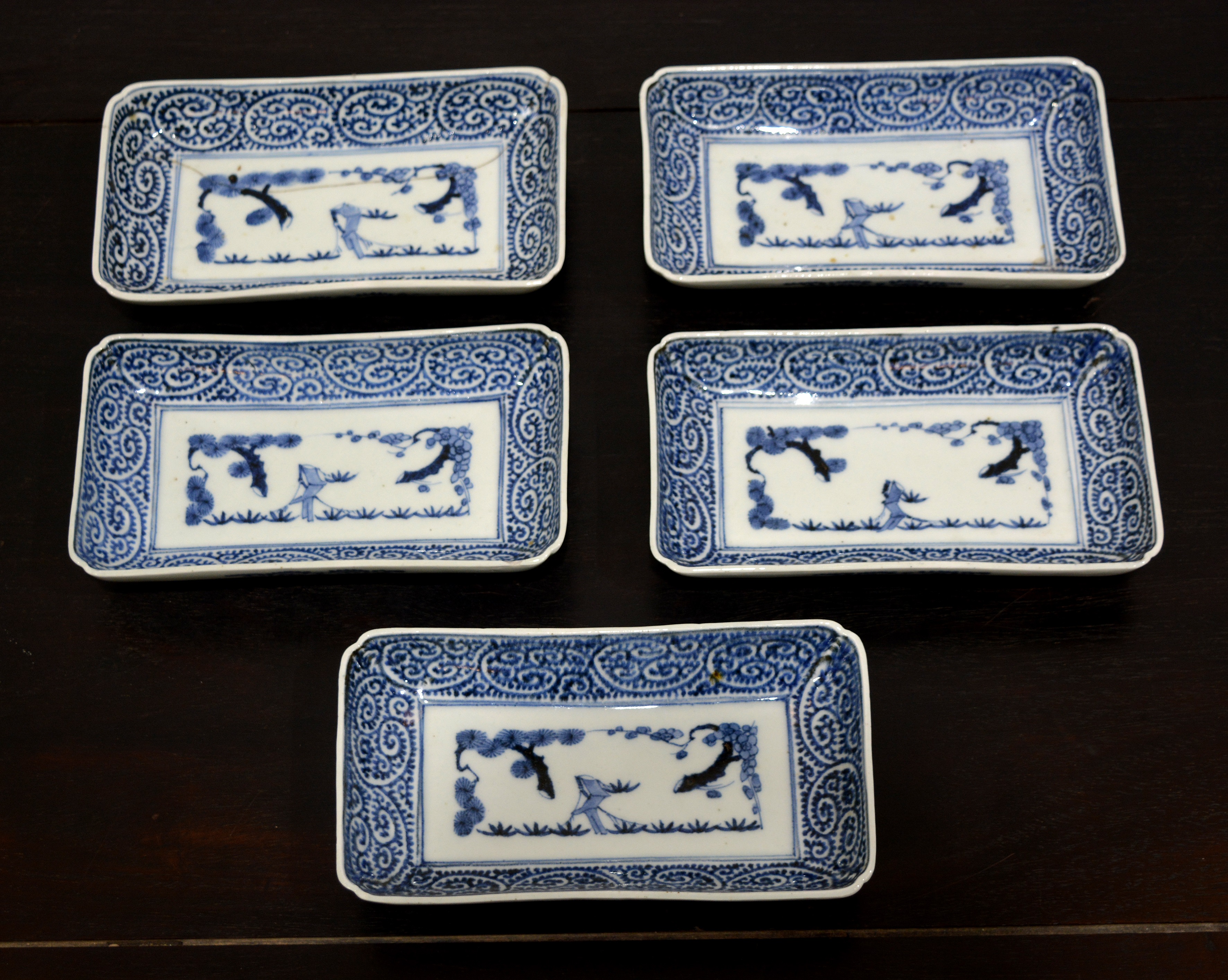 Appraisal: Five Arita blue and white porcelain rectangular shallow dishesJapanese th