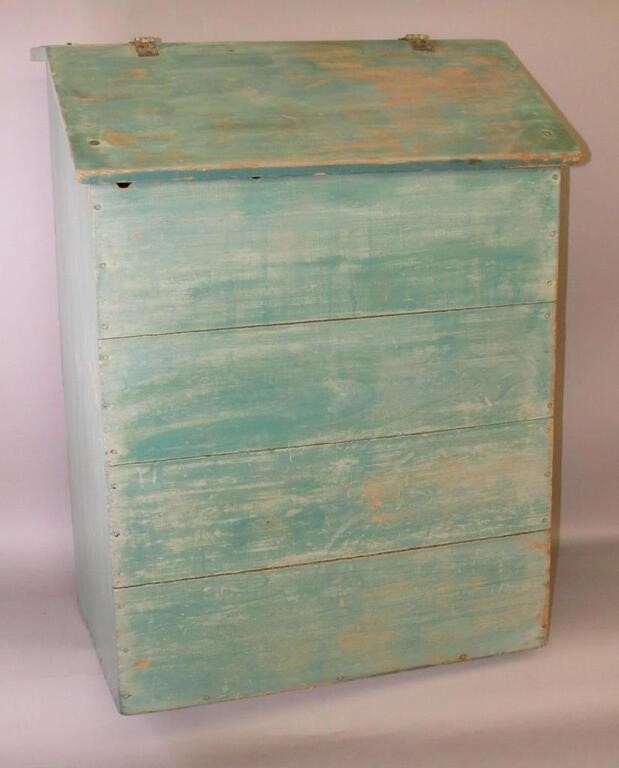 Appraisal: AQUA GREEN PAINTED SLANT-LID STORE BINca softwood store bin in