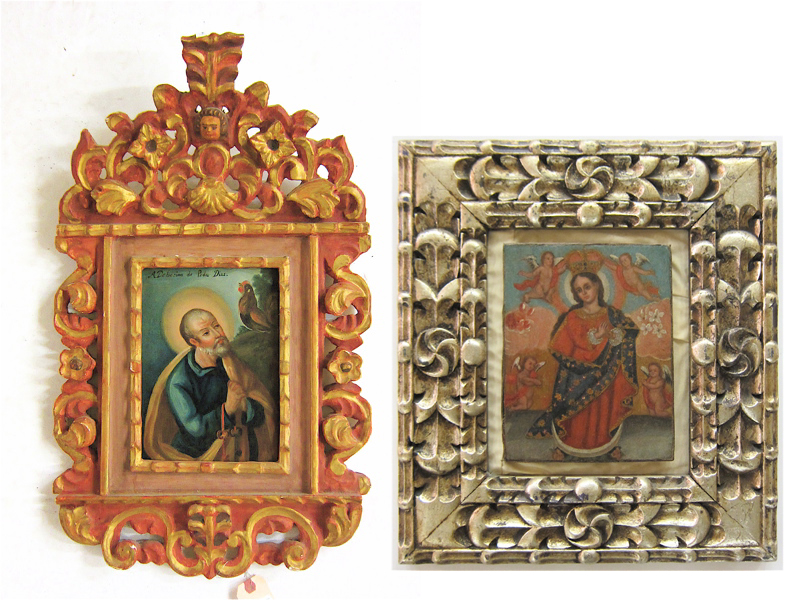 Appraisal: TWO SPANISH MEXICAN ICONS oil on tin depicting a saint